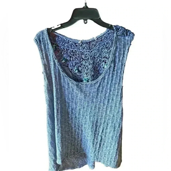 Heather blue swing sweater tank top,‎ size xl. Crochet back with flowers. - Picture 3 of 11